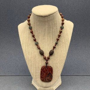 Jasper Stone Necklace Pendant  Branch Oval Red Brown Copper Gray